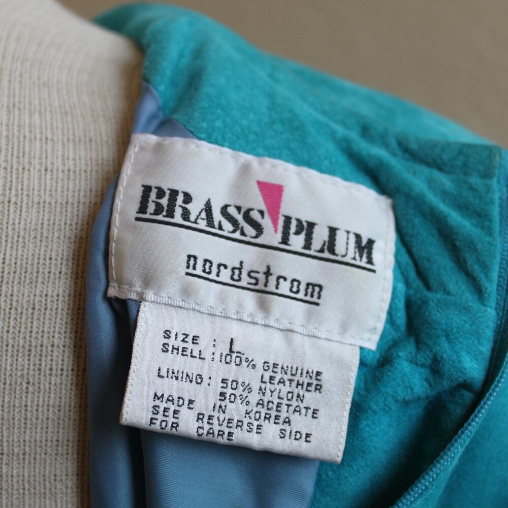 Vintage 80's Turquoise Suede Leather Fitted Dress From Nordstrom L 28" waist - Picture 8 of 9